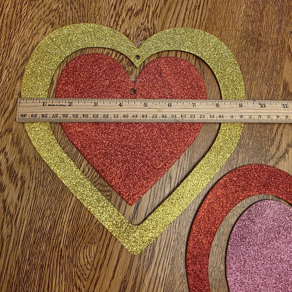 Vintage 90s 2 Glitter Hanging Hearts Valentines Day Decor Red Gold Pink 10x11in